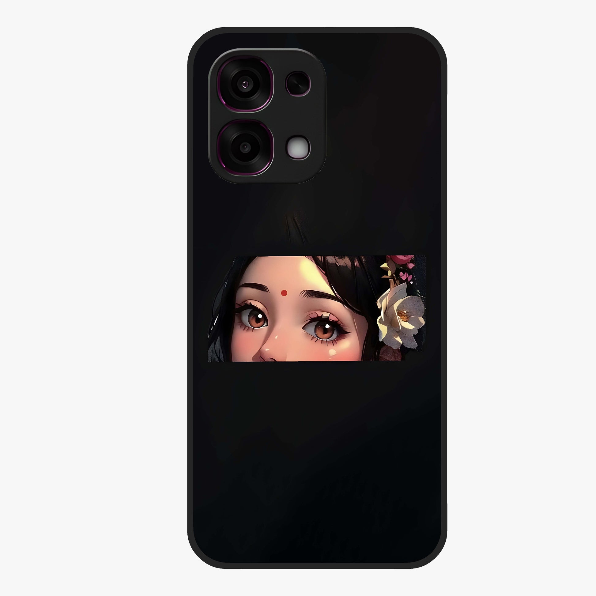 Radha Divine Embrace Glass Case showing flat back view with devotional Radha artwork and glossy glass finish.