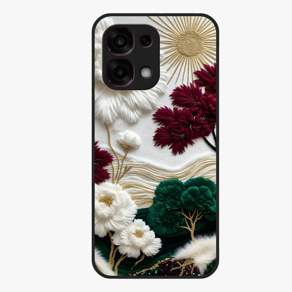Radiant Bloom Elegance Glass Case showing flat back view with elegant blooming flower artwork and glossy glass finish.
