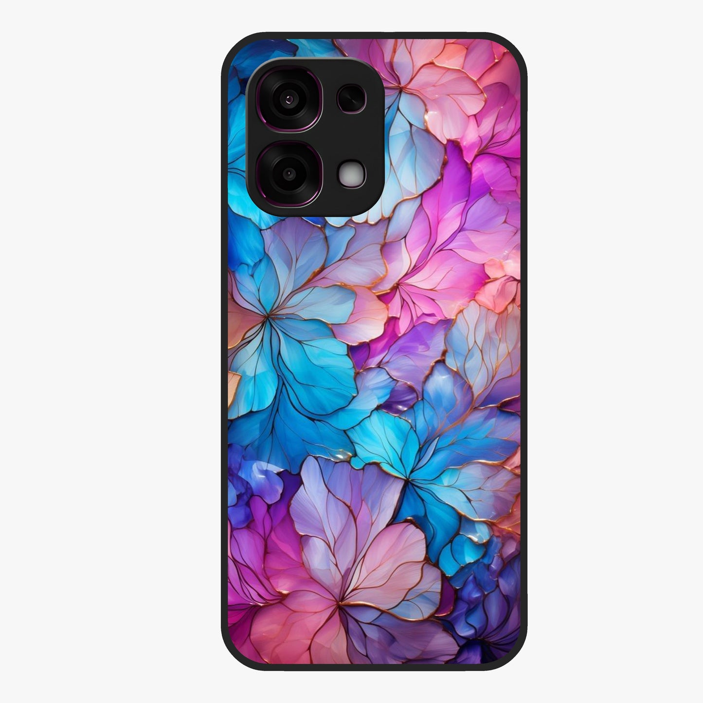 Radiant Floral Whirl Glass Case showing flat back view with swirling floral artwork and glossy glass finish.