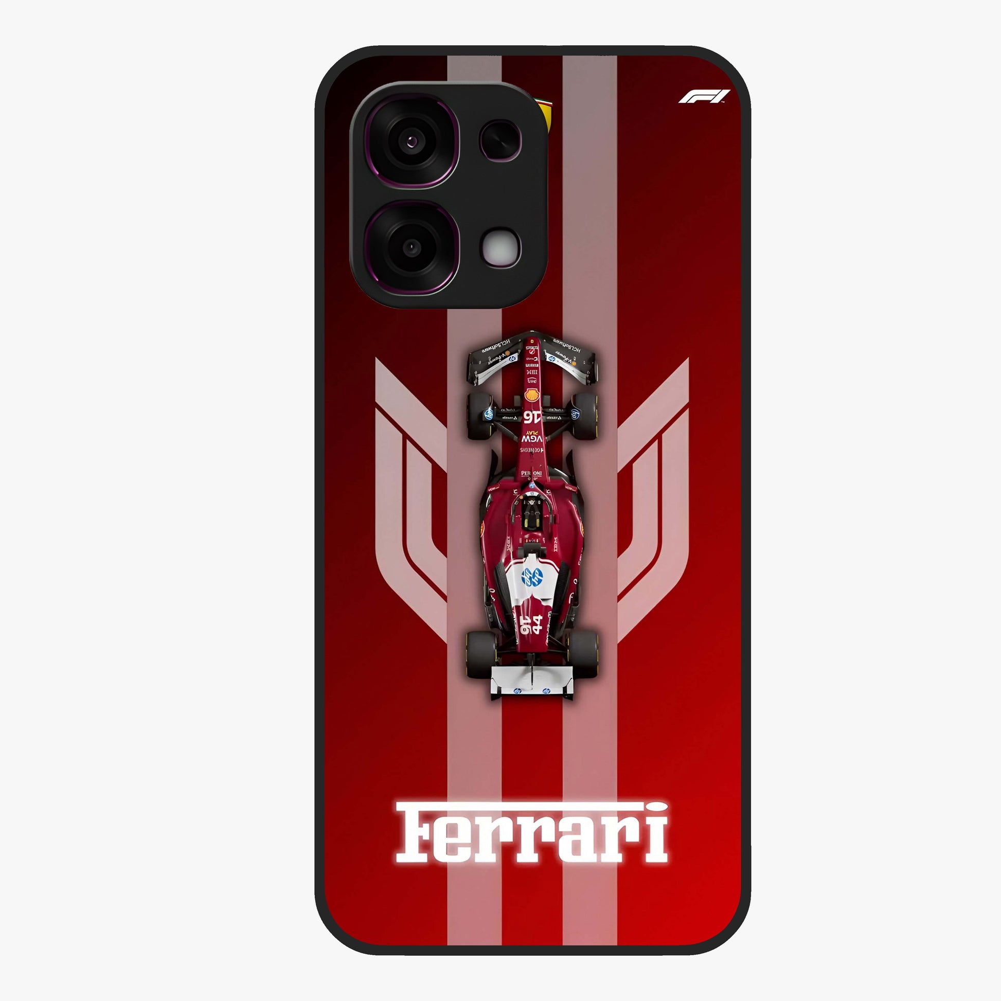 Red Ferrari F1 Vertical Glass Case showing flat back view with sleek Formula racing car artwork and glossy glass finish.
