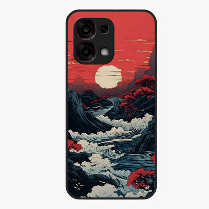 Red Sunset Scenery Glass Case showing flat back view with vibrant sunset landscape artwork and glossy glass finish.