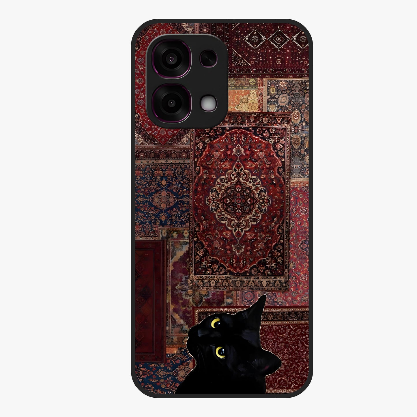 Regal Magic Cat Apple Glass Case showing flat back view with magical cat artwork holding apple and glossy glass finish.