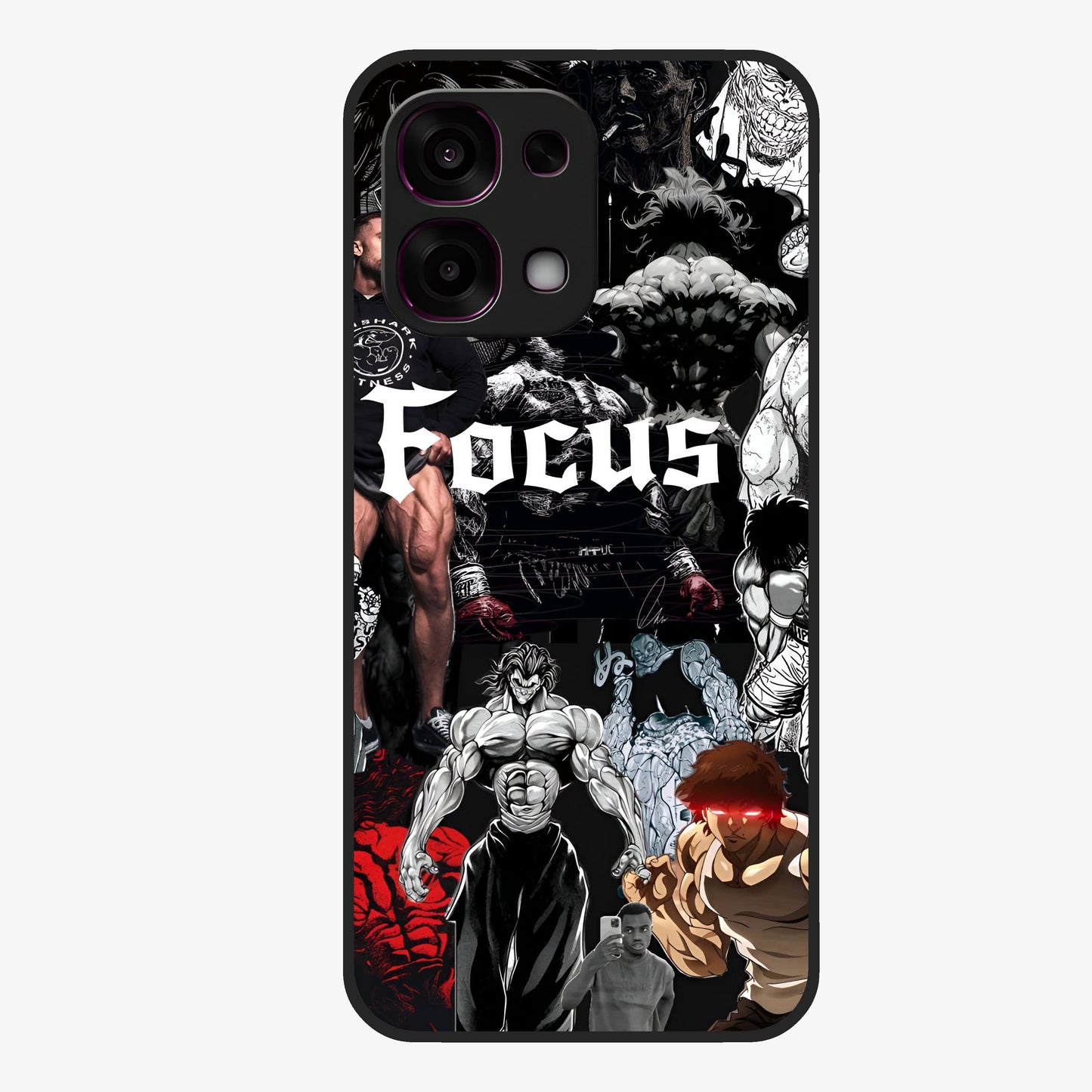 Relentless Power Focus Glass Case showing flat back view with motivational typography artwork and glossy glass finish.