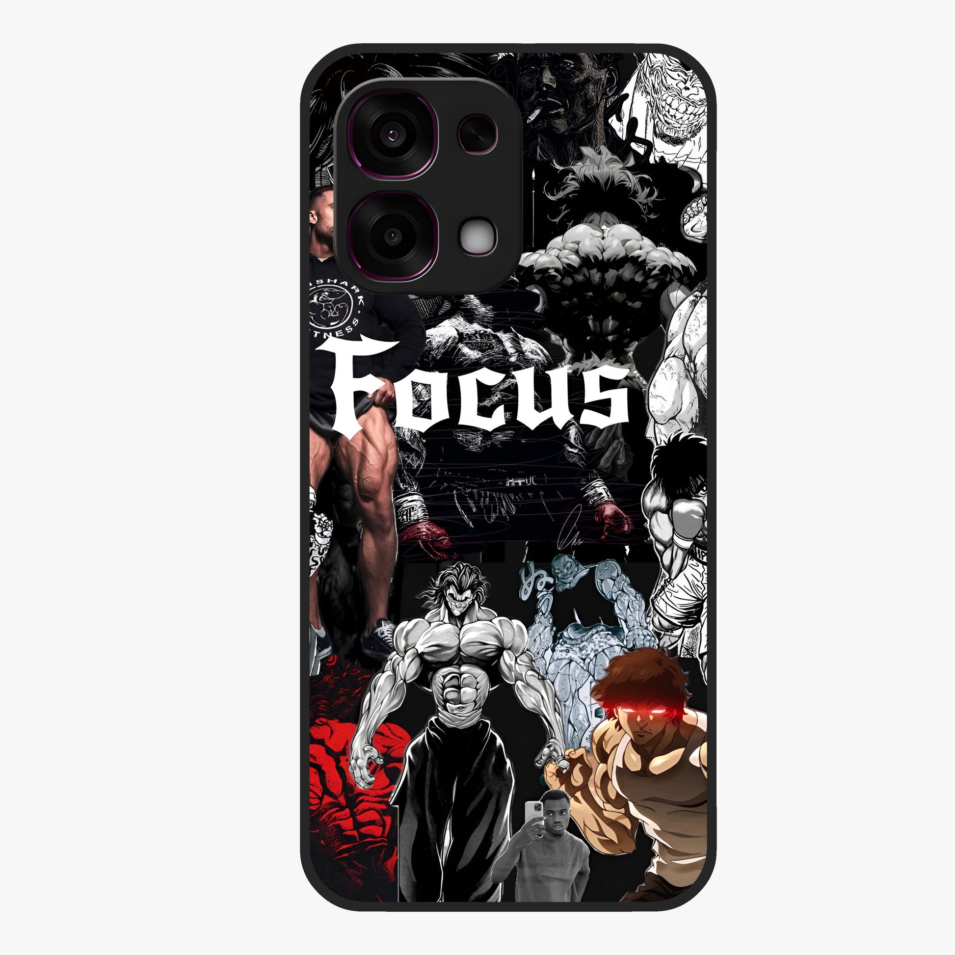 Relentless Power Focus Glass Case showing flat back view with motivational typography artwork and glossy glass finish.