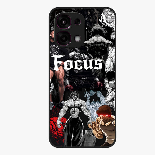 Relentless Power Focus Glass Case showing flat back view with motivational typography artwork and glossy glass finish.