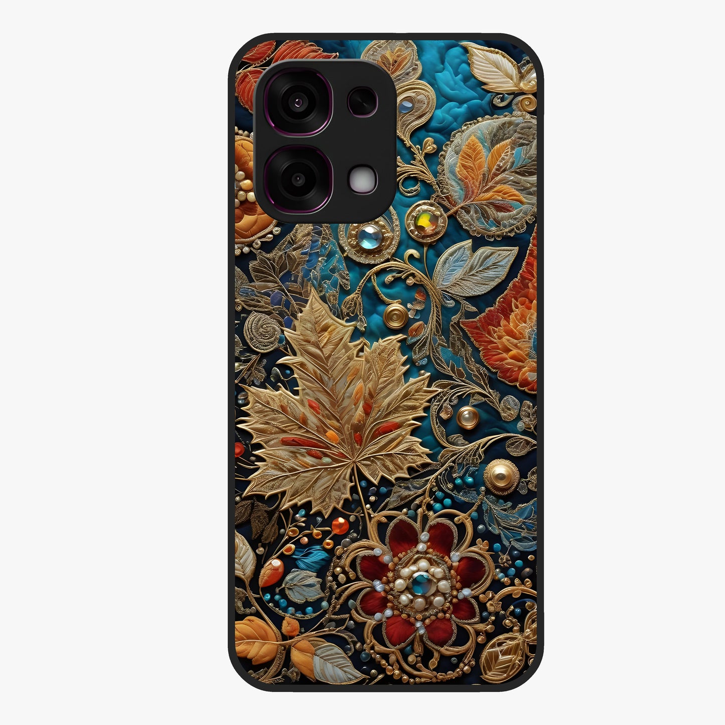 Royal Jewel Garden Glass Case showing flat back view with decorative floral garden artwork and glossy glass finish.