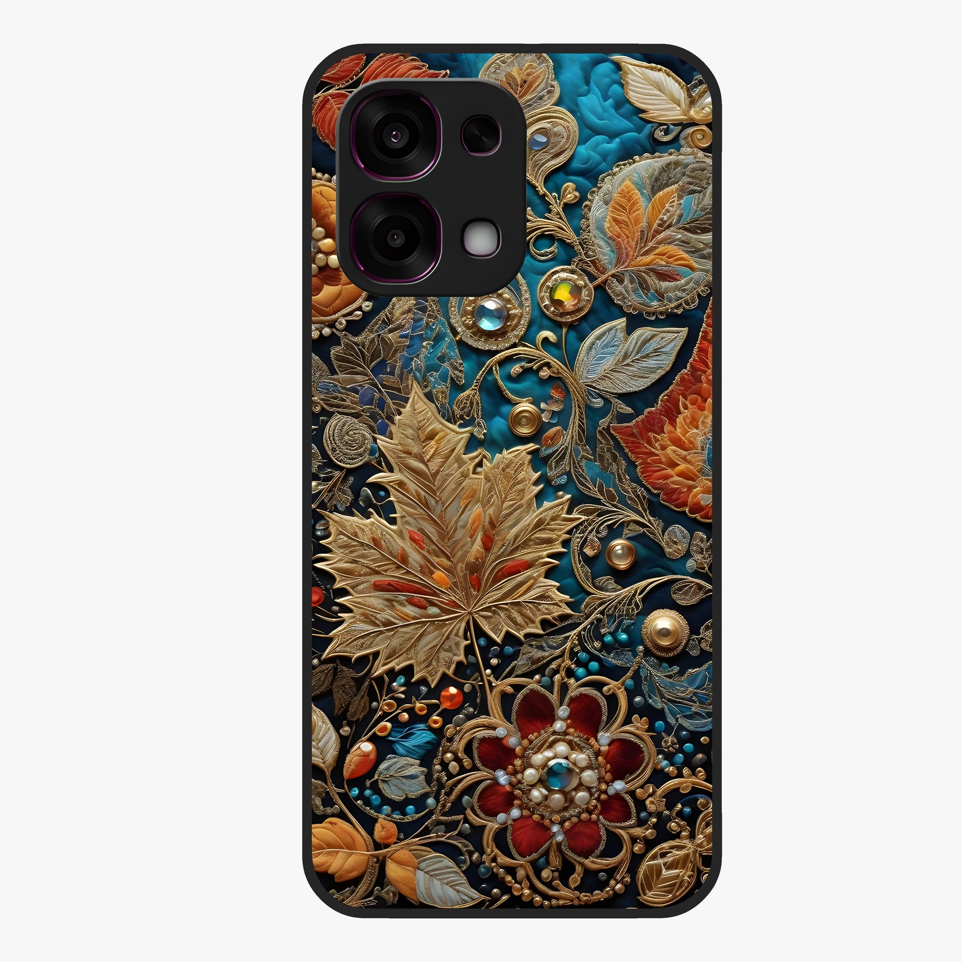 Royal Jewel Garden Glass Case showing flat back view with decorative floral garden artwork and glossy glass finish.