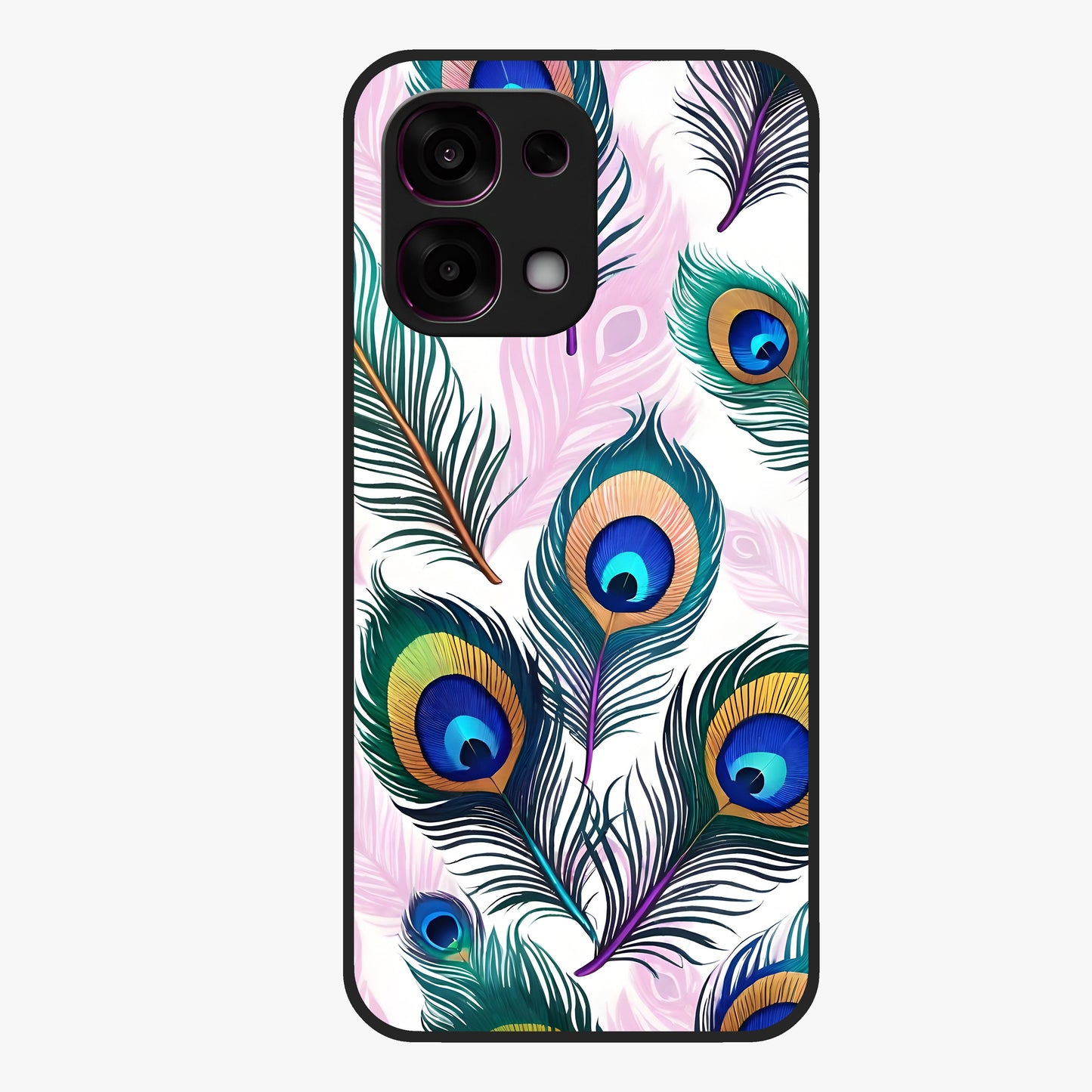 Royal Peacock Feathers Glass Case showing flat back view with colorful peacock feather artwork and glossy glass finish.