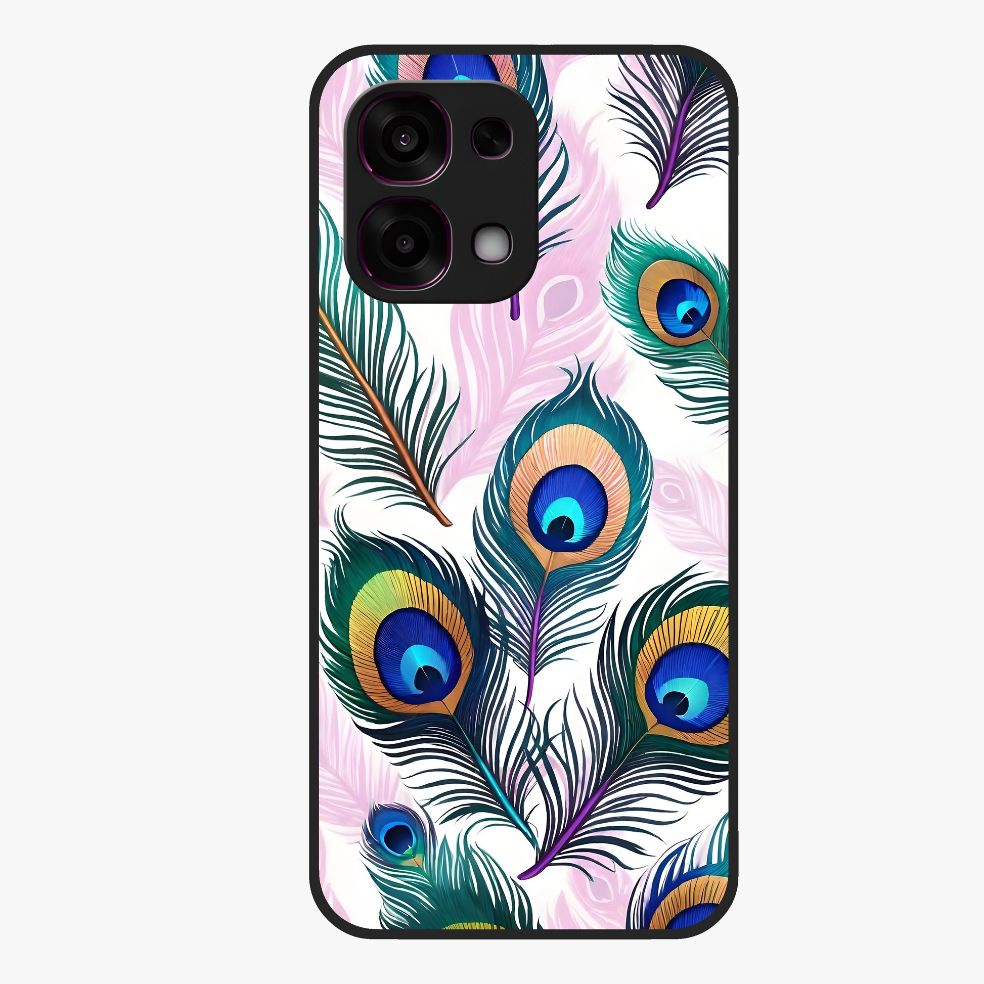Royal Peacock Feathers Glass Case showing flat back view with colorful peacock feather artwork and glossy glass finish.