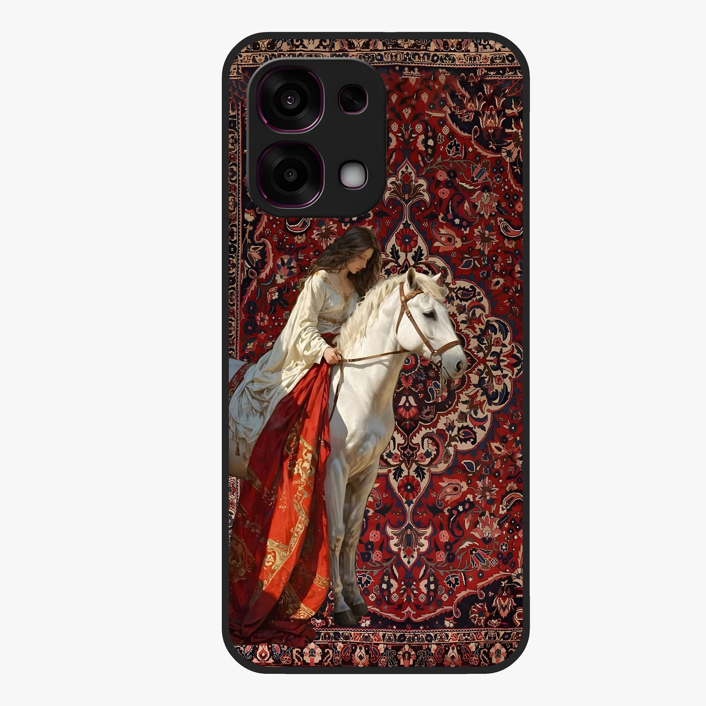 Royal Rider Tapestry Glass Case showing flat back view with majestic horse rider tapestry artwork and glossy glass finish.