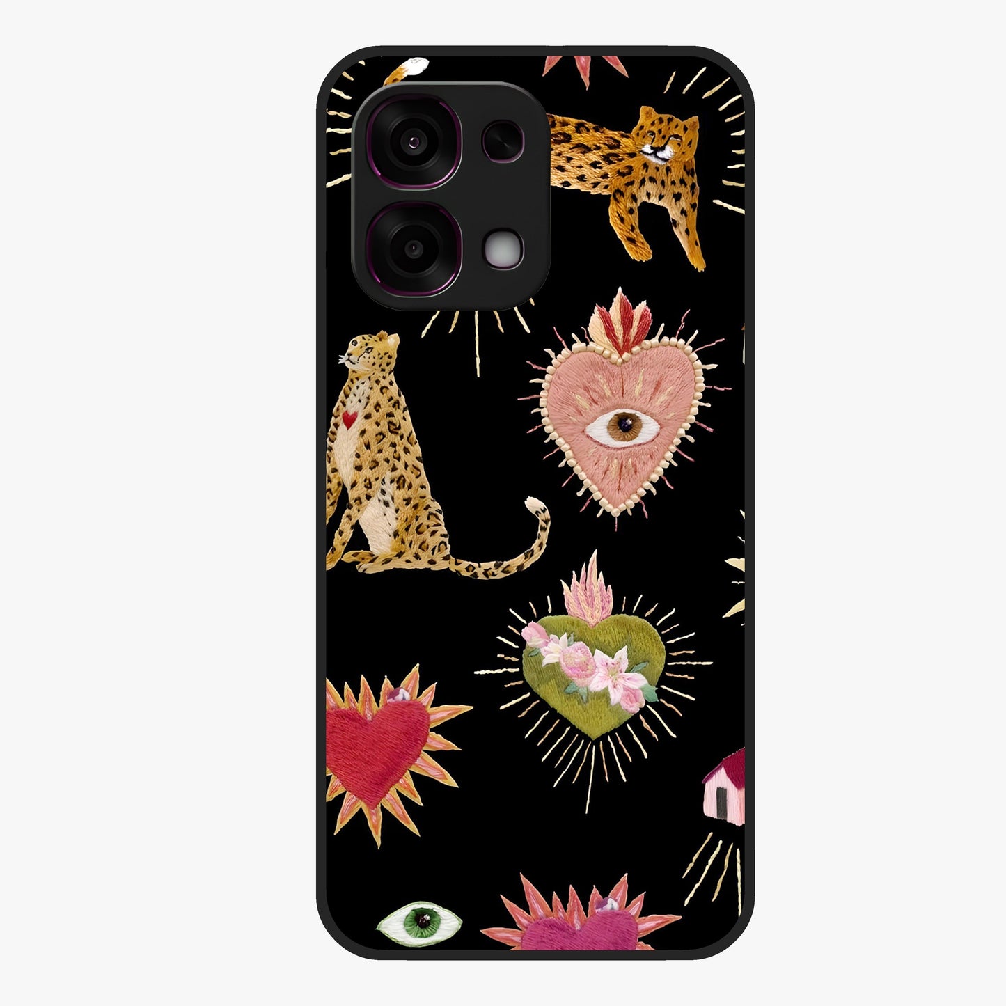 Sacred Jungle Heart Glass Case showing flat back view with jungle inspired heart artwork and glossy glass finish.