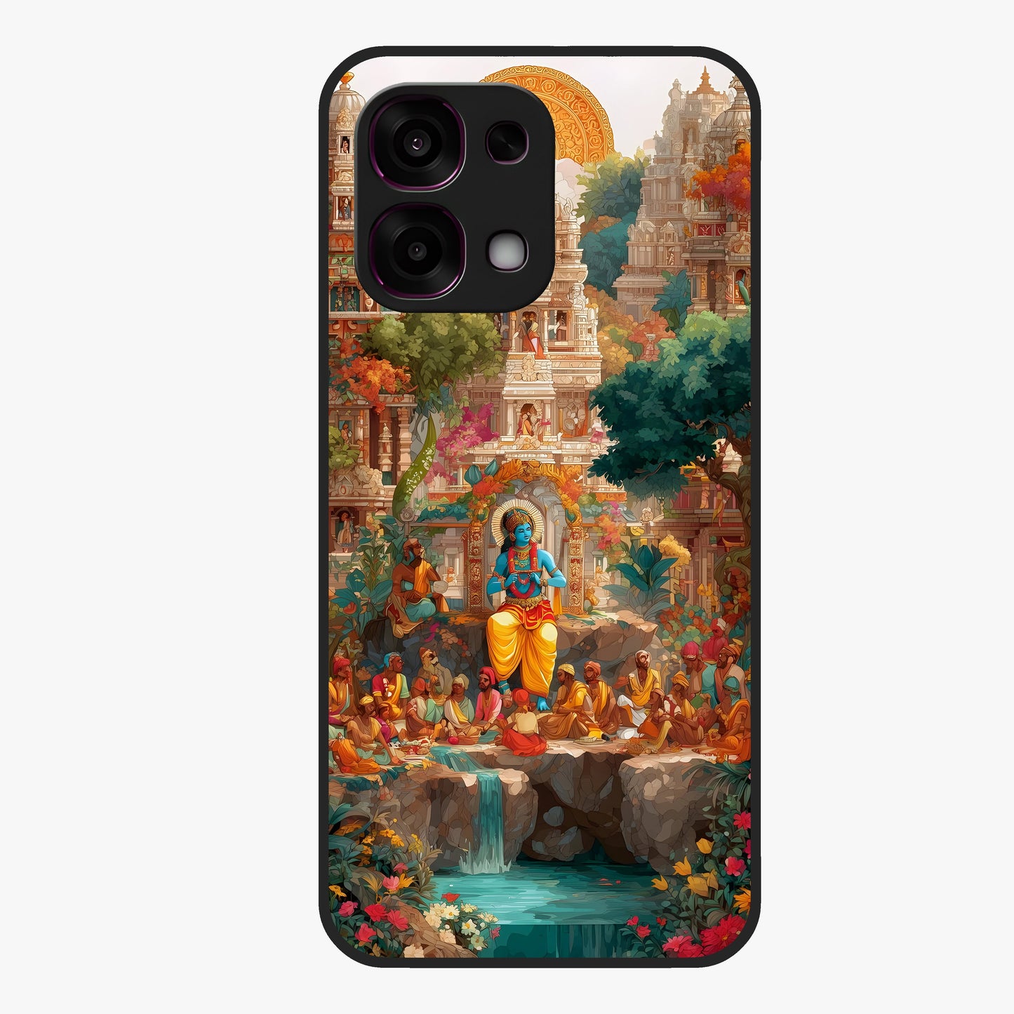 Sacred Sunlight Gods Glass Case showing flat back view with divine sunlight themed artwork and glossy glass finish.