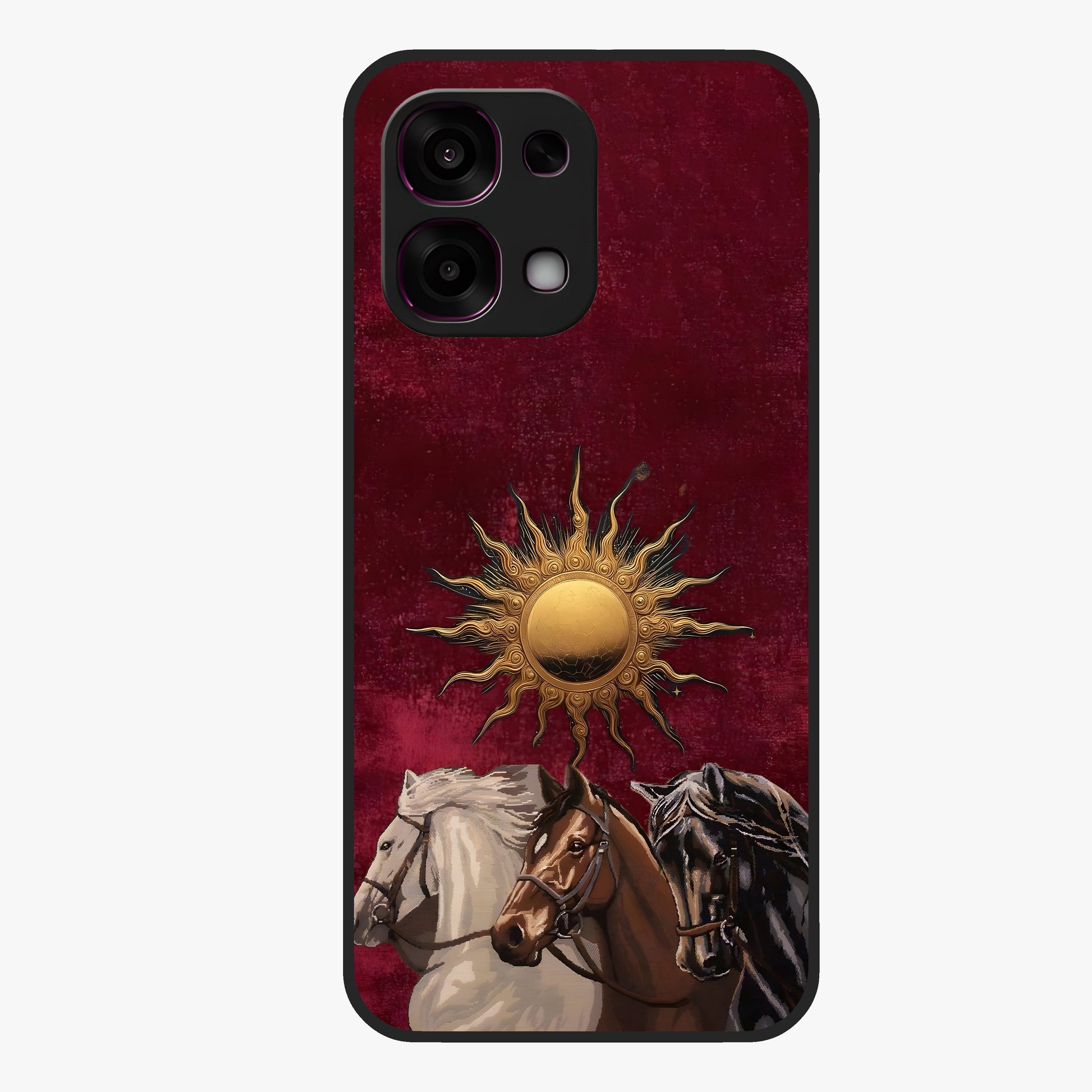 Solar Riders Glass Case showing flat back view with dynamic rider themed artwork and glossy glass finish.