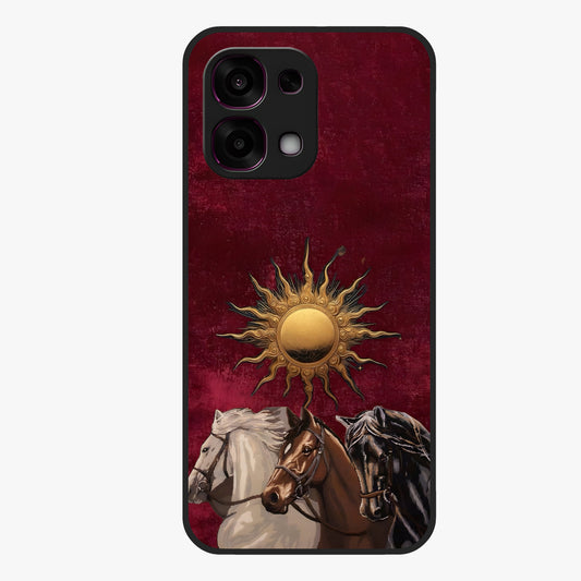 Solar Riders Glass Case showing flat back view with dynamic rider themed artwork and glossy glass finish.