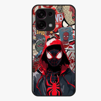 Spider Collage Street Glass Case showing flat back view with vibrant superhero collage artwork and glossy glass finish.
