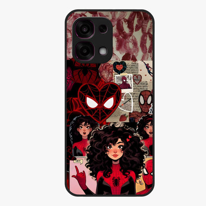 Spider Love Story Glass Case showing flat back view with romantic superhero themed artwork and glossy glass finish.