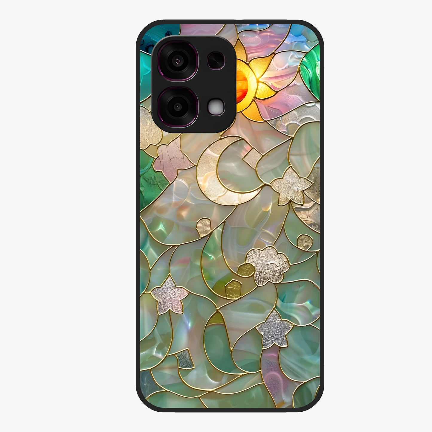 Stained Sunrise Glow Glass Case showing flat back view with glowing sunrise stained pattern artwork and glossy glass finish.