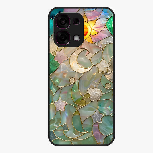 Stained Sunrise Glow Glass Case showing flat back view with glowing sunrise stained pattern artwork and glossy glass finish.