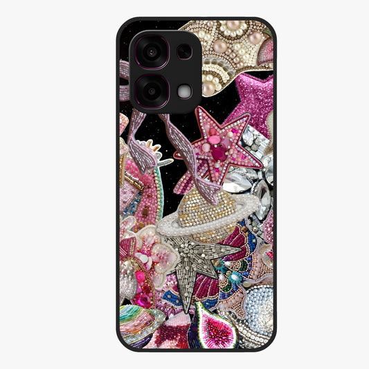 Starlit Jewel Dream Glass Case showing flat back view with sparkling jewel and star themed artwork and glossy glass finish.