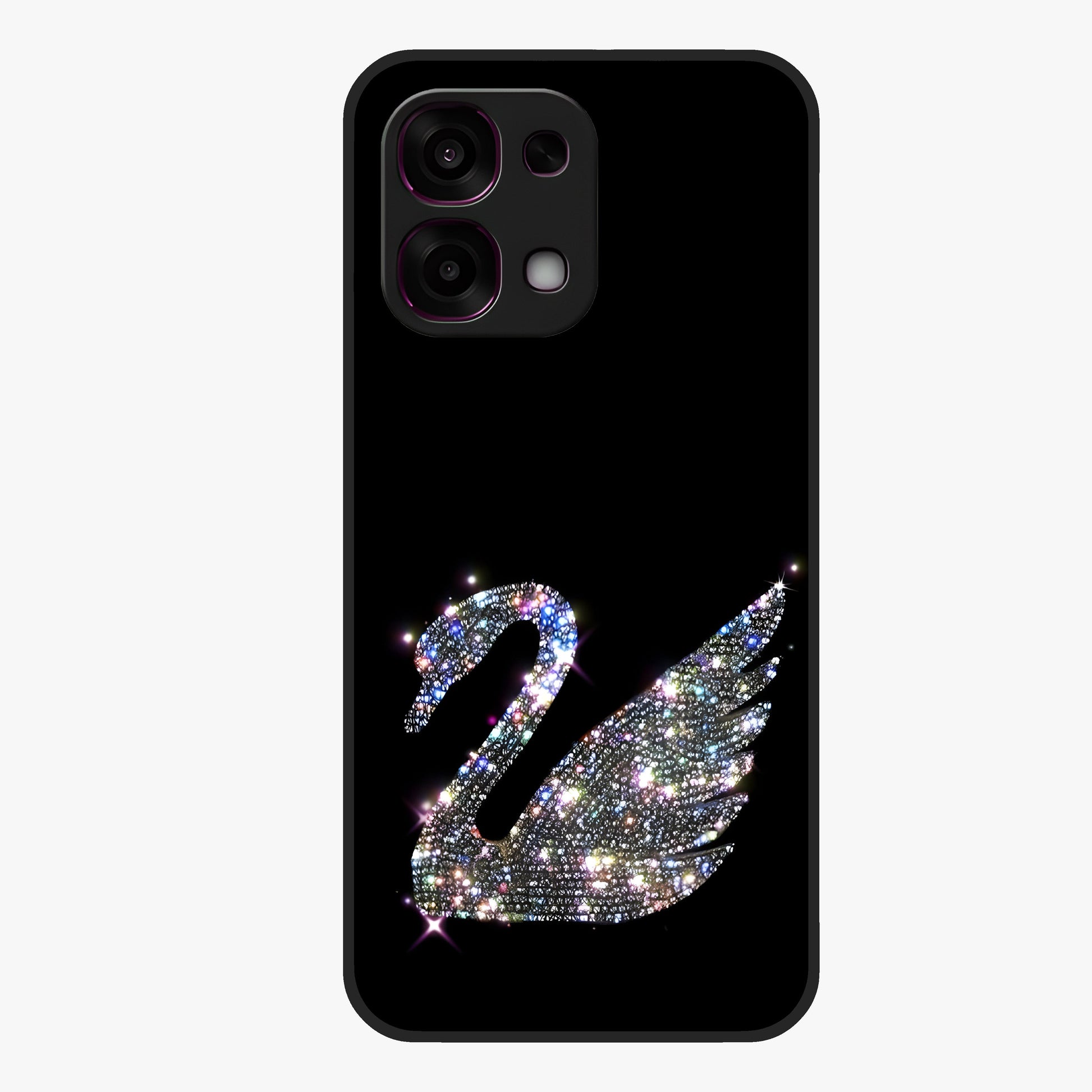 Starlit Swan Grace Glass Case showing flat back view with graceful swan artwork under starry sky and glossy glass finish.