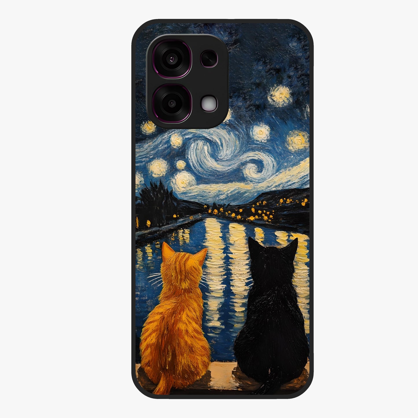 Starry River Cats Glass Case showing flat back view with cats by a starry river artwork and glossy glass finish.