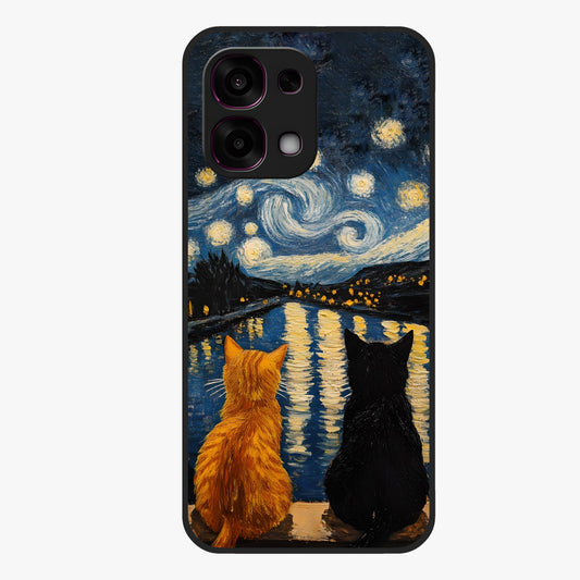 Starry River Cats Glass Case showing flat back view with cats by a starry river artwork and glossy glass finish.