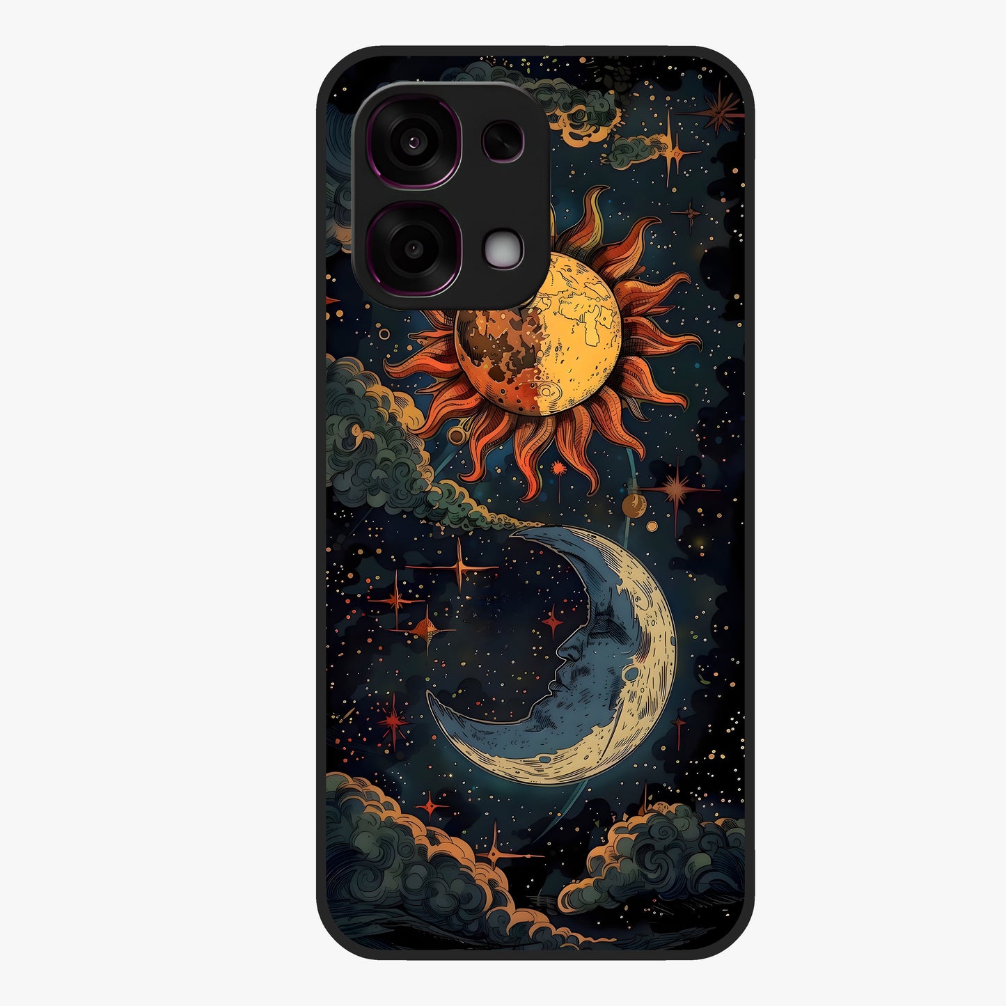 Sun And Moon Magic Design Glass Case showing flat back view with mystical sun and moon artwork and glossy glass finish.
