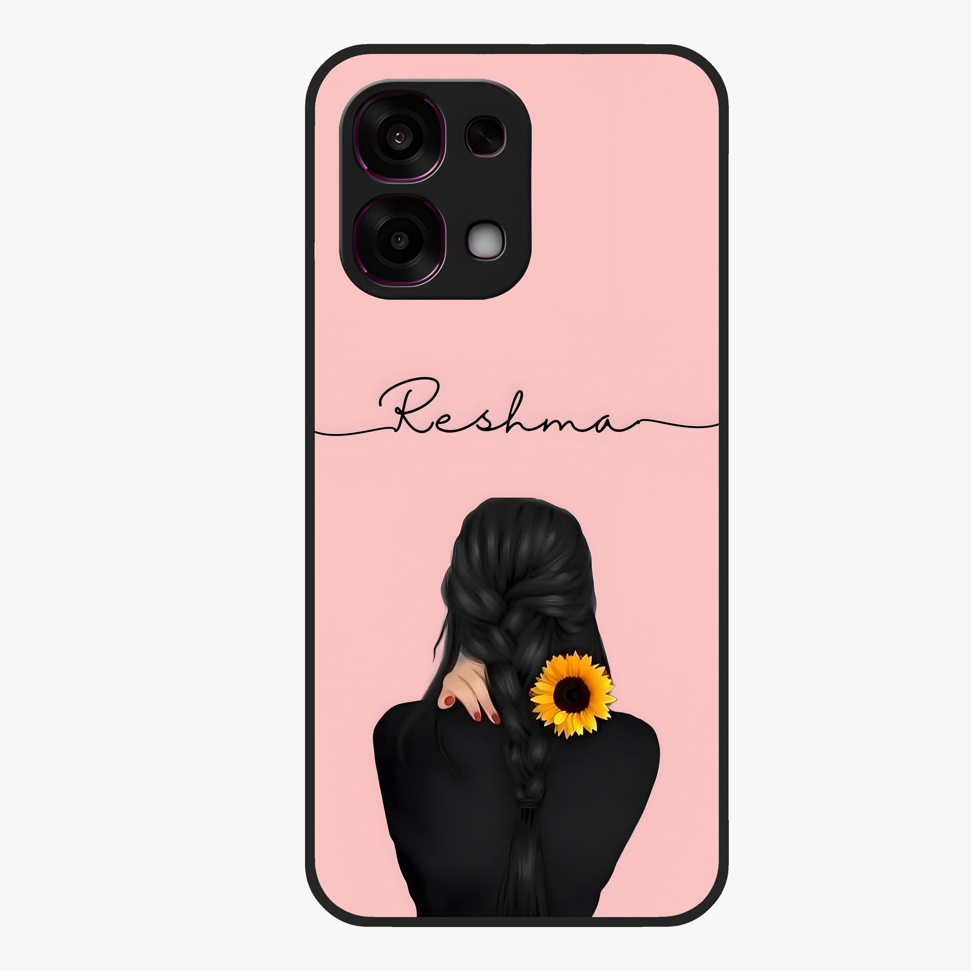 Sunflower Braid Beauty With Custom Name Glass Case showing flat back view with sunflower braid artwork and personalized name design.