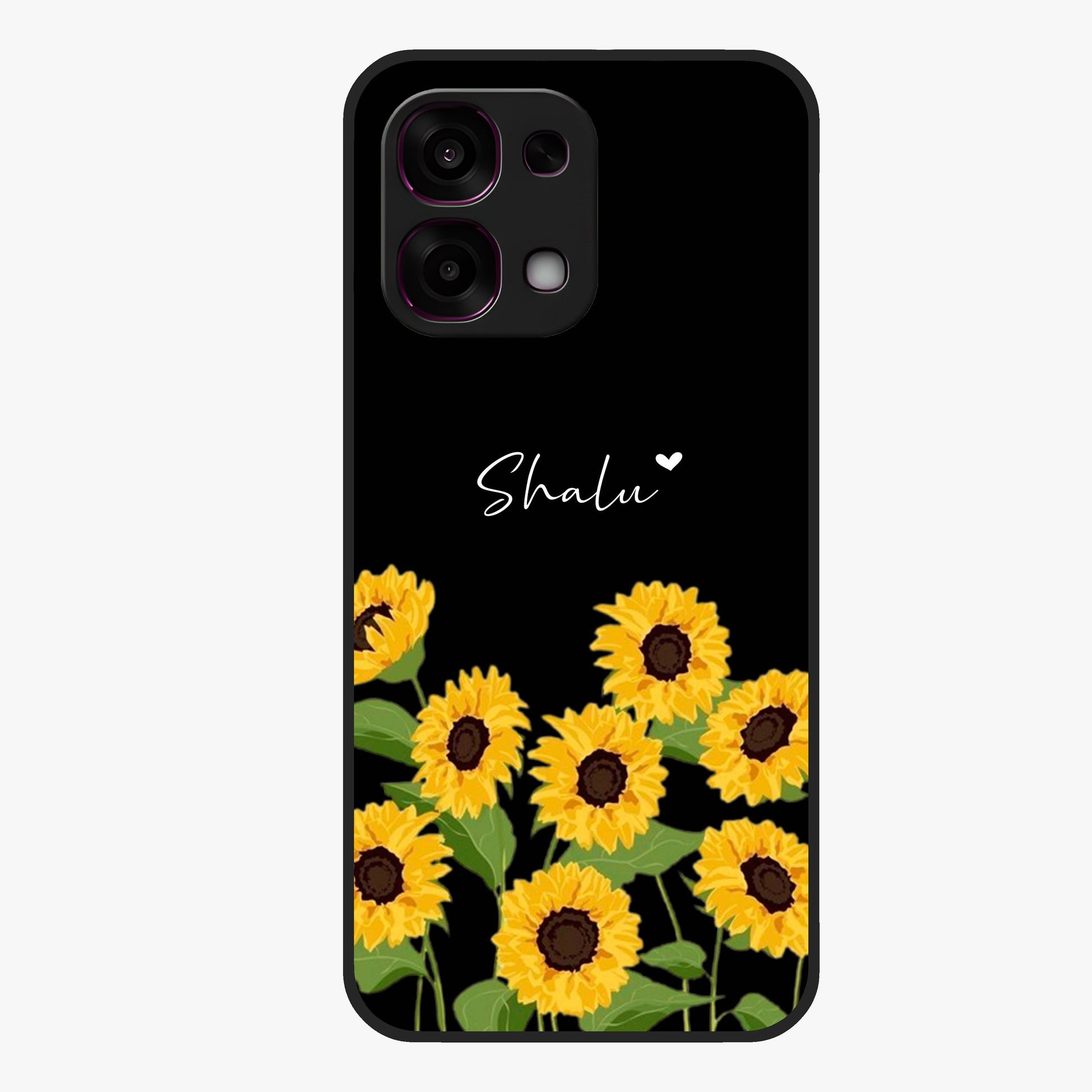 Sunflower Chic Mood Custom Name Glass Case showing flat back view with stylish sunflower artwork and personalized name design.