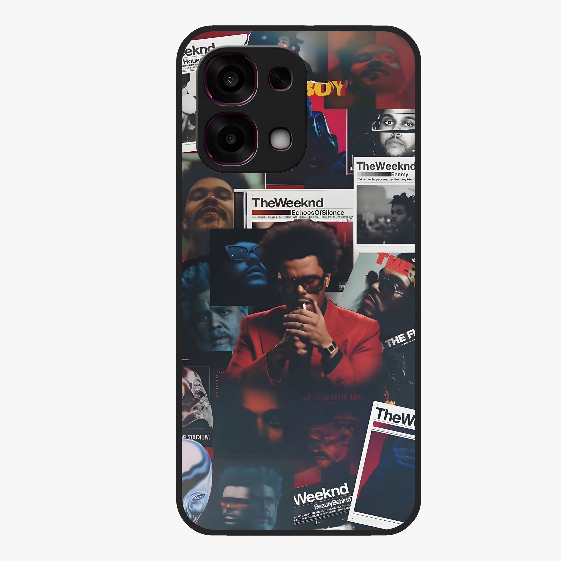 The Weeknd Glass Case showing flat back view with music inspired artistic portrait artwork and glossy glass finish.