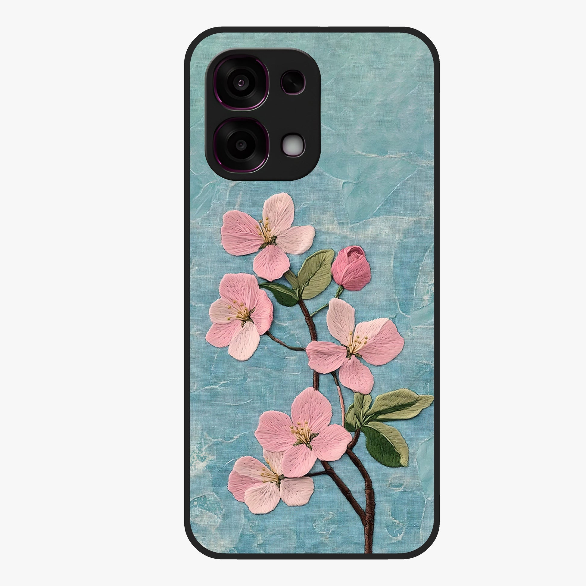 Threaded Blossom Breeze Glass Case showing flat back view with delicate blossom artwork and glossy glass finish.