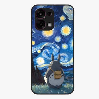 Totoro In Van Gogh Art Glass Case showing flat back view with whimsical character artwork inspired by Van Gogh style and glossy glass finish.