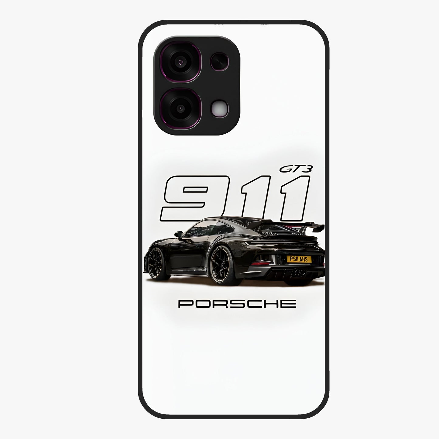 Turbo Legacy Icon Glass Case showing flat back view with iconic sports car inspired artwork and glossy glass finish.