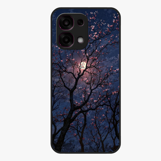 Twilight Sakura Serenade Glass Case showing flat back view with cherry blossom artwork at twilight and glossy glass finish.