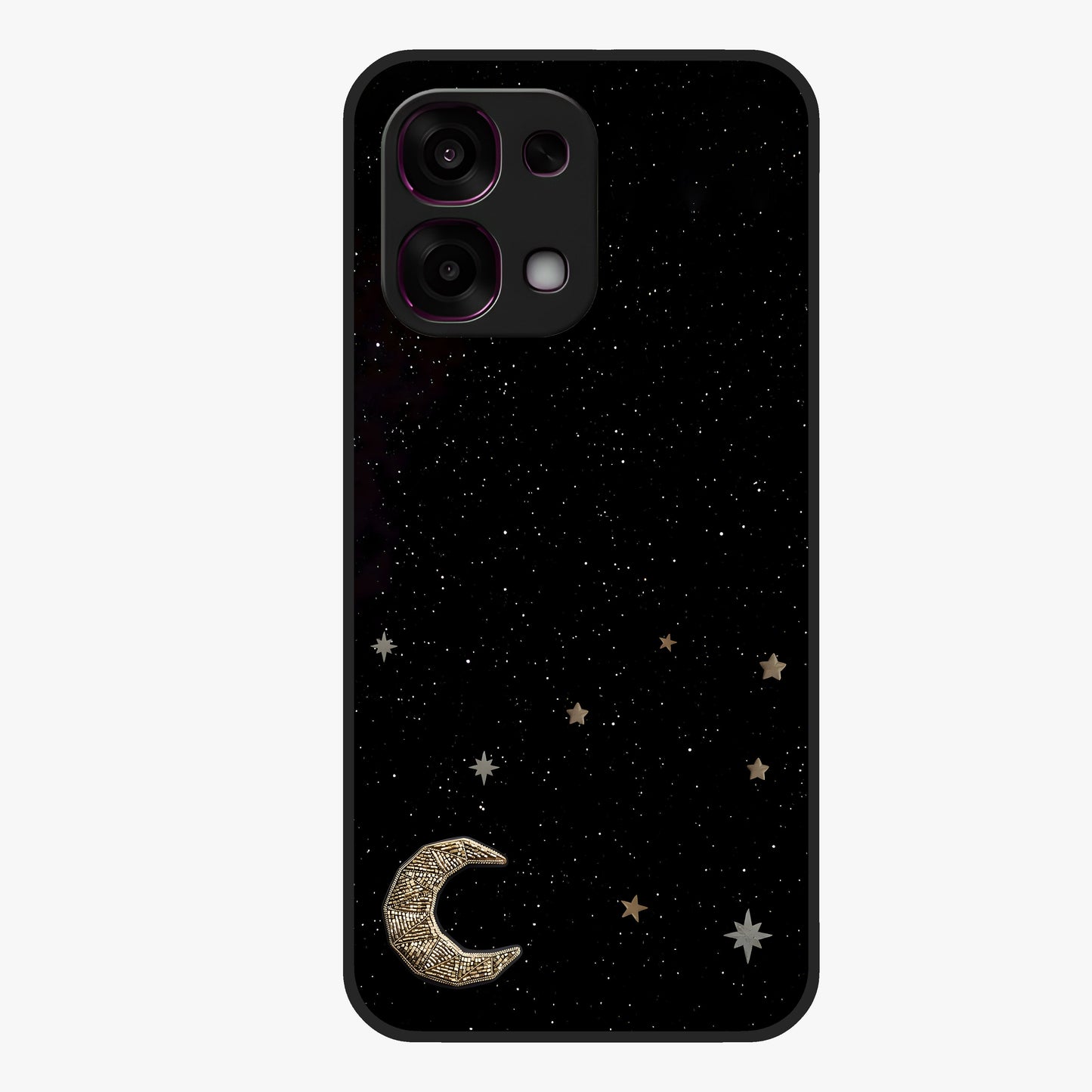 Twinkle Star With Half Moon Glass Case showing flat back view with star and half moon artwork and glossy glass finish.