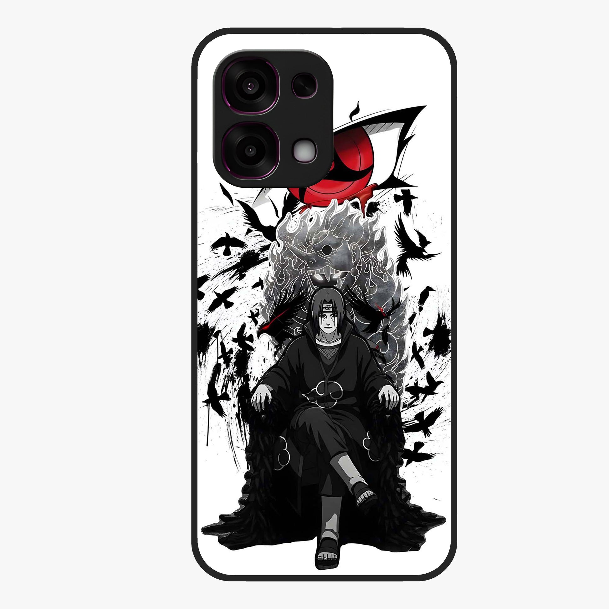 Uchiha Shadow Throne Glass Case showing flat back view with cosmic underwater themed artwork and glossy glass finish.