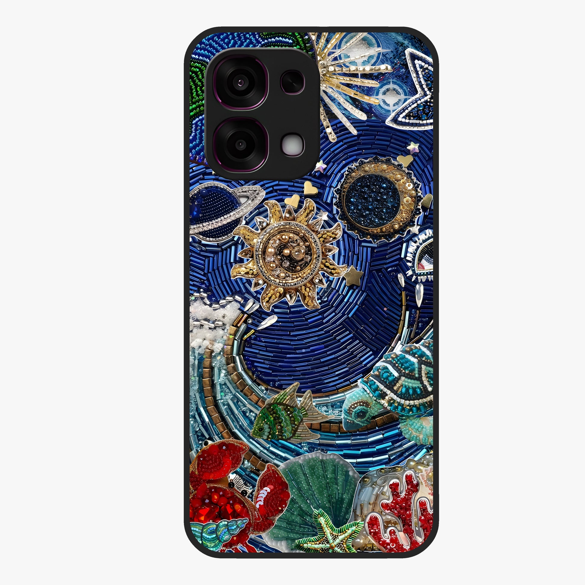 Universe Underwater Spark Glass Case showing flat back view with cosmic underwater themed artwork and glossy glass finish.