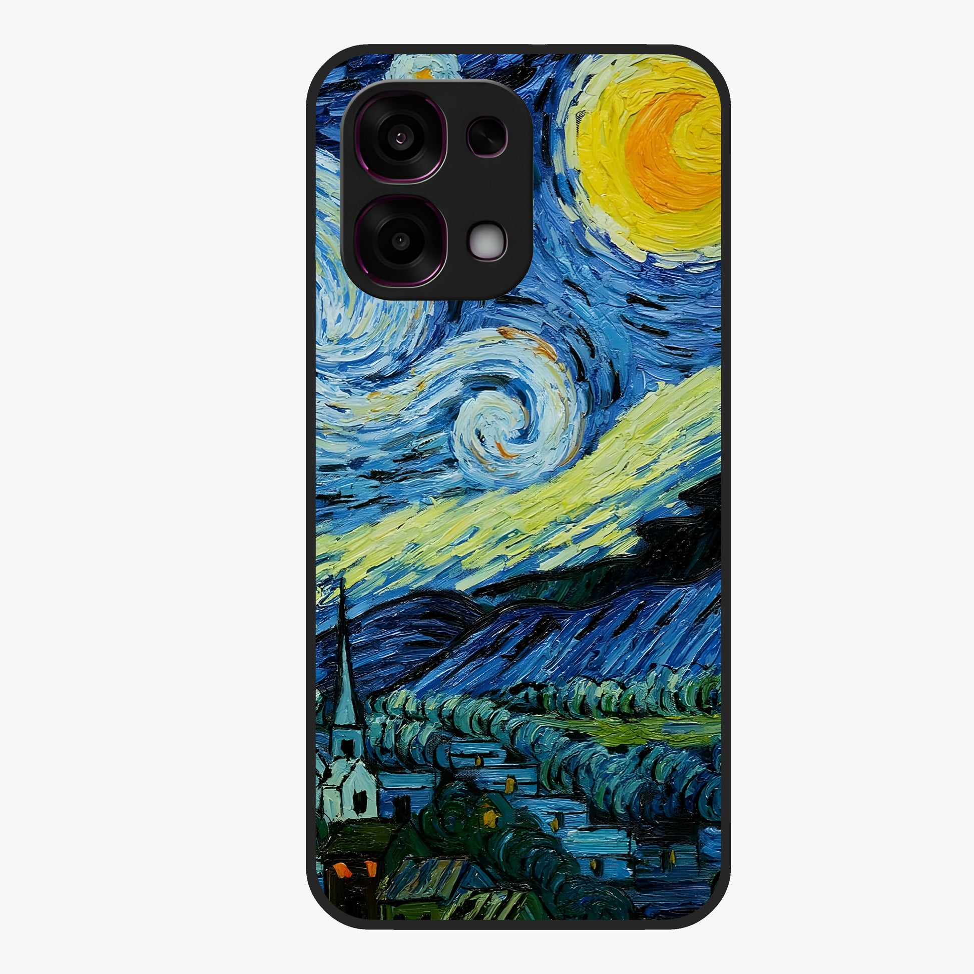 Van Gogh Art Glass Case showing flat back view with classic painterly artwork inspired by Van Gogh style and glossy glass finish.
