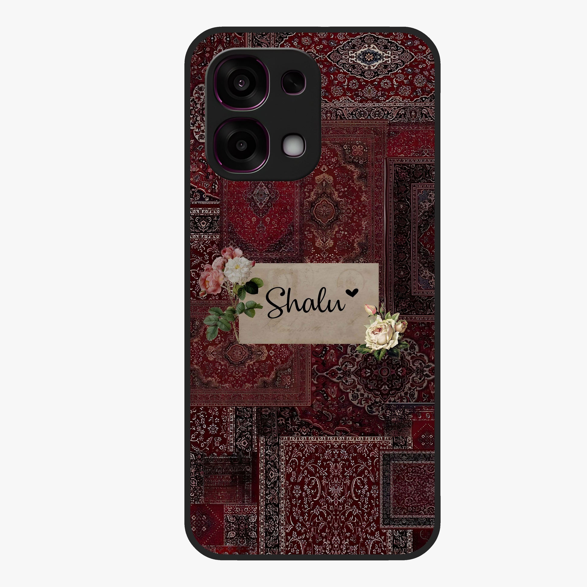 Velvet Wine Pattern Custom Name Glass Case showing flat back view with elegant wine colored pattern artwork and personalized name design.