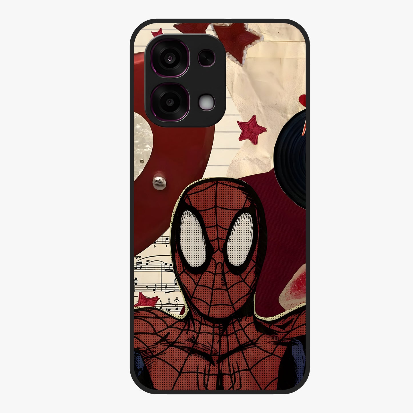 Web Warrior Vibes Glass Case showing flat back view with superhero inspired web themed artwork and glossy glass finish.