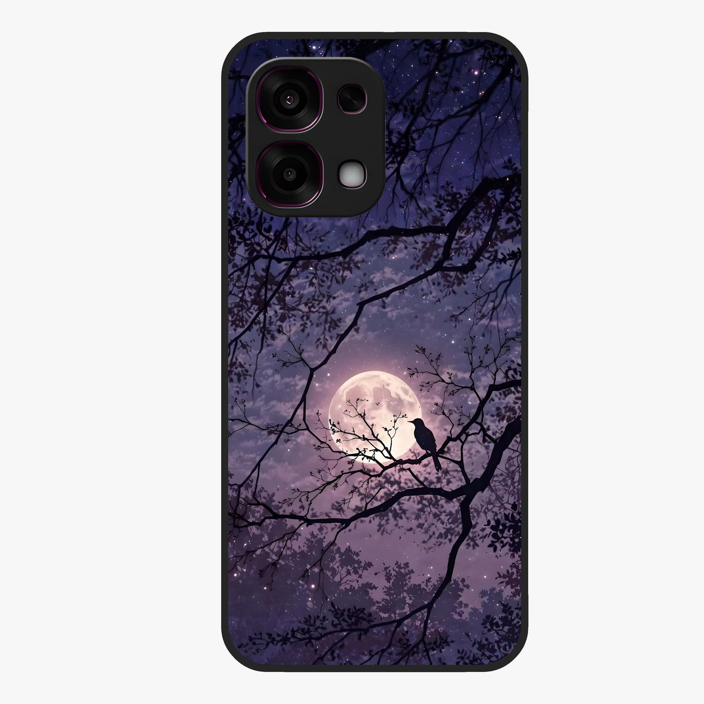 Whispering Moon Silence Glass Case showing flat back view with serene moon themed artwork and glossy glass finish.
