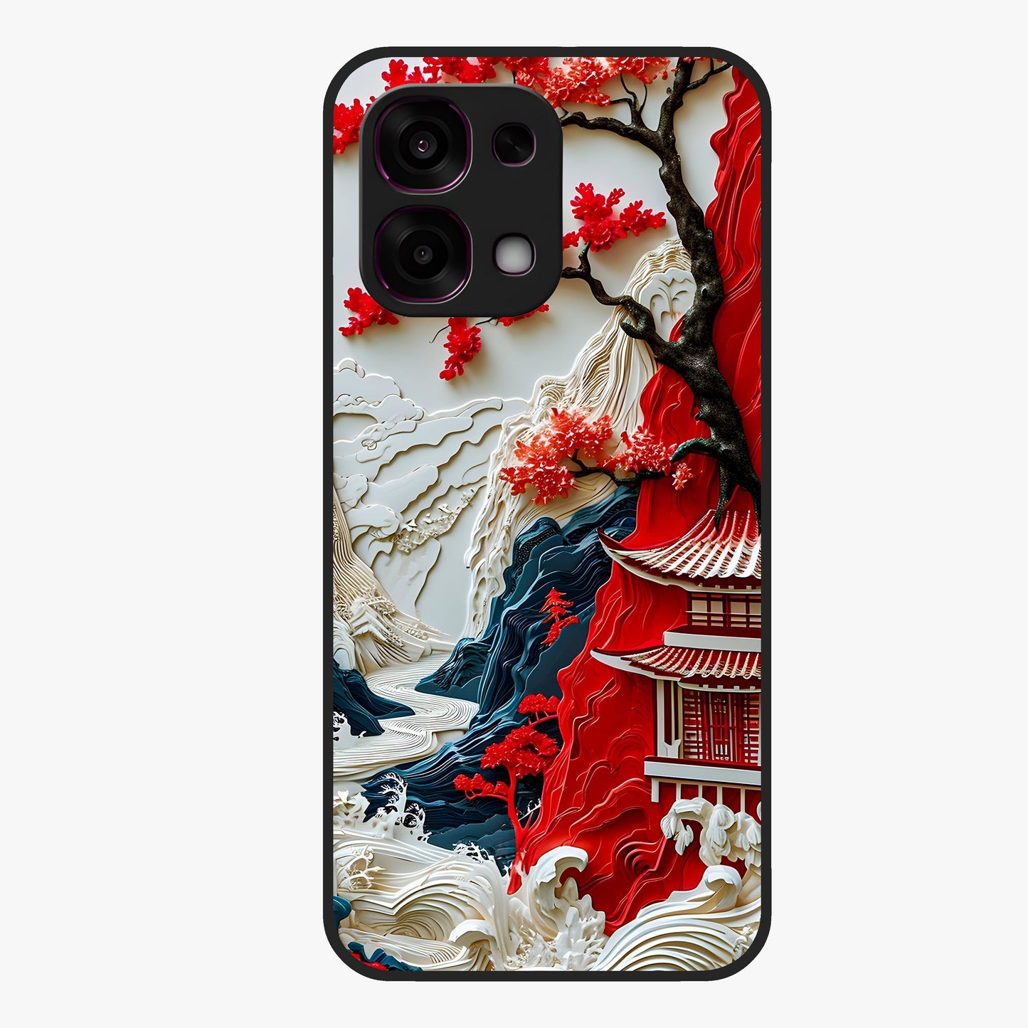 Whispers Of Sakura Waves Glass Case showing flat back view with cherry blossom wave artwork and glossy glass finish.
