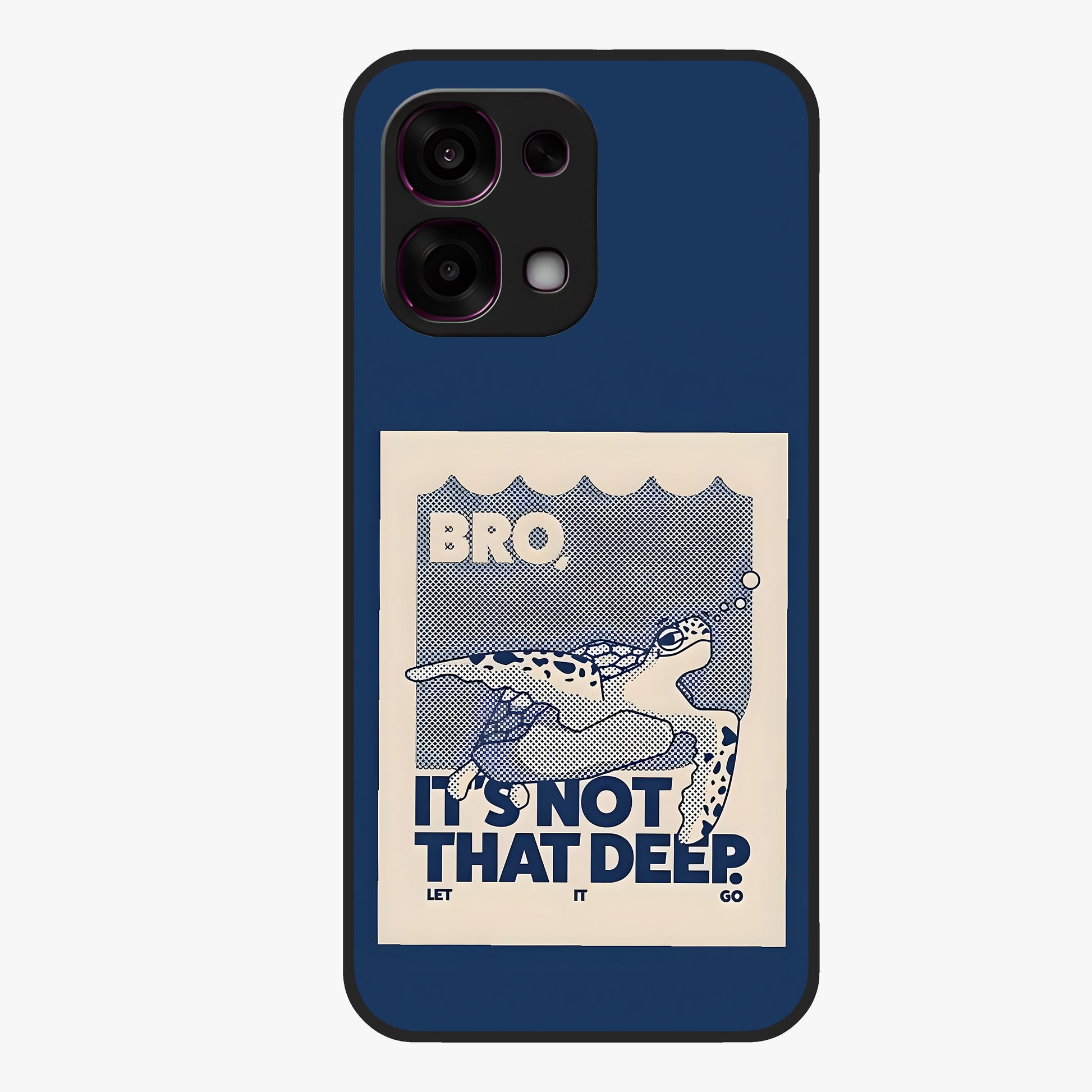 Worry Less Swim Glass Case showing flat back view with playful motivational artwork and glossy glass finish.