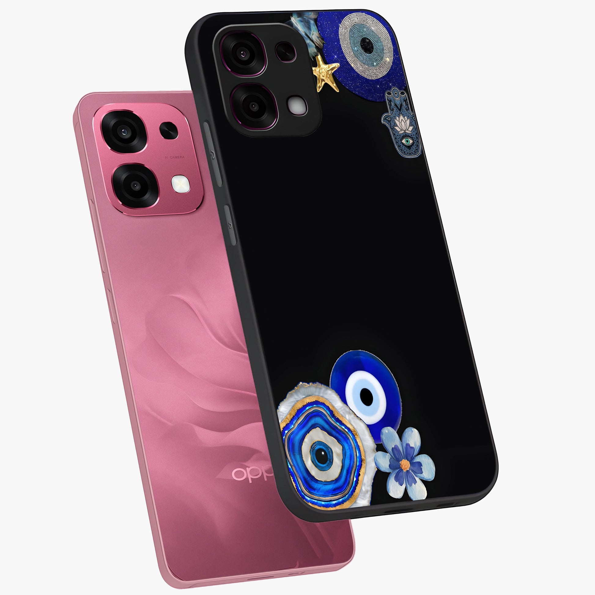 Aesthetic Blue Evil Eye Glass Case displayed in angled mockup highlighting blue evil eye symbol and spiritual aesthetic design.