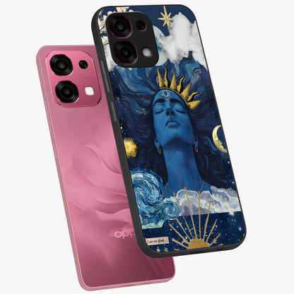Aesthetic Lord Shiva Glass Case displayed in angled mockup highlighting spiritual Shiva illustration and sacred aesthetic design.