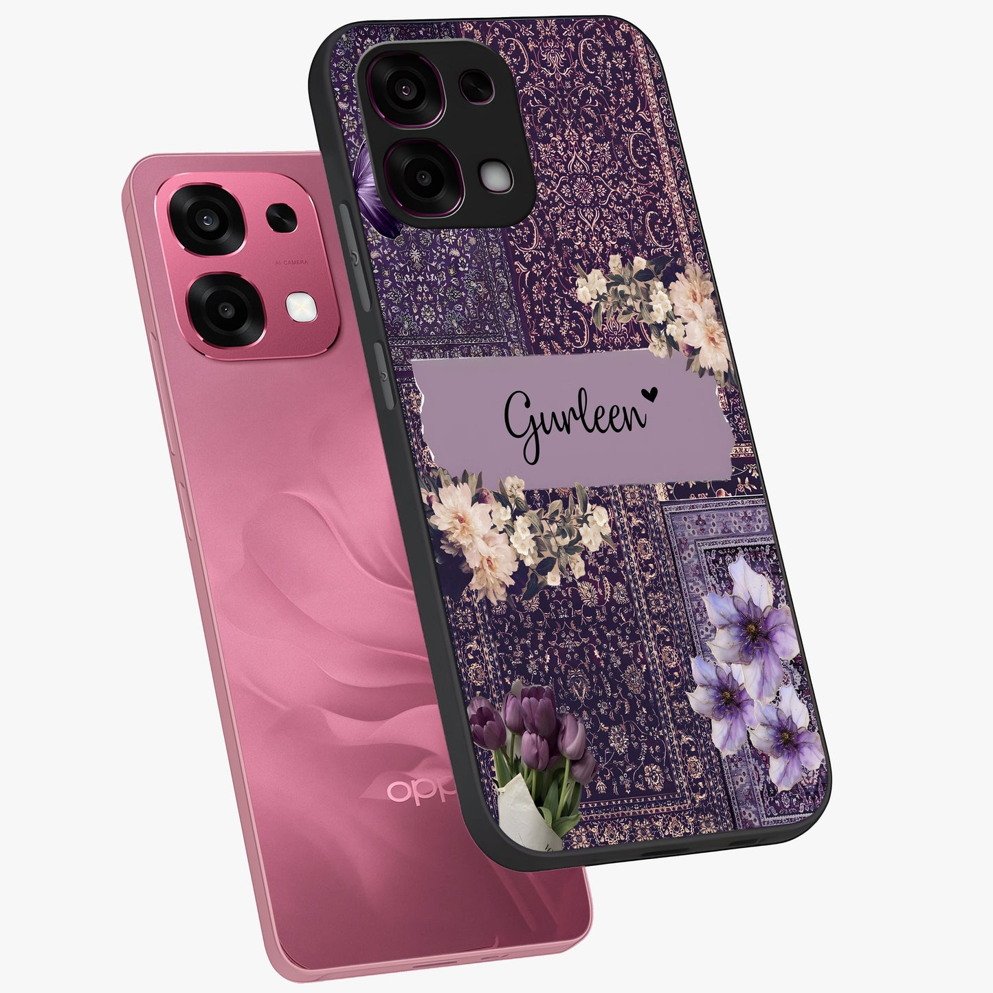 Antique Floral Whisper Custom Name Glass Case displayed in angled mockup highlighting elegant antique floral aesthetic.