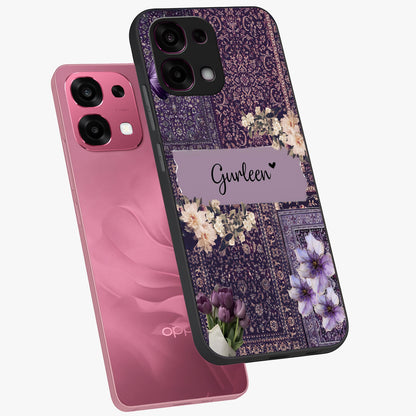 Antique Floral Whisper Custom Name Glass Case displayed in angled mockup highlighting elegant antique floral aesthetic.