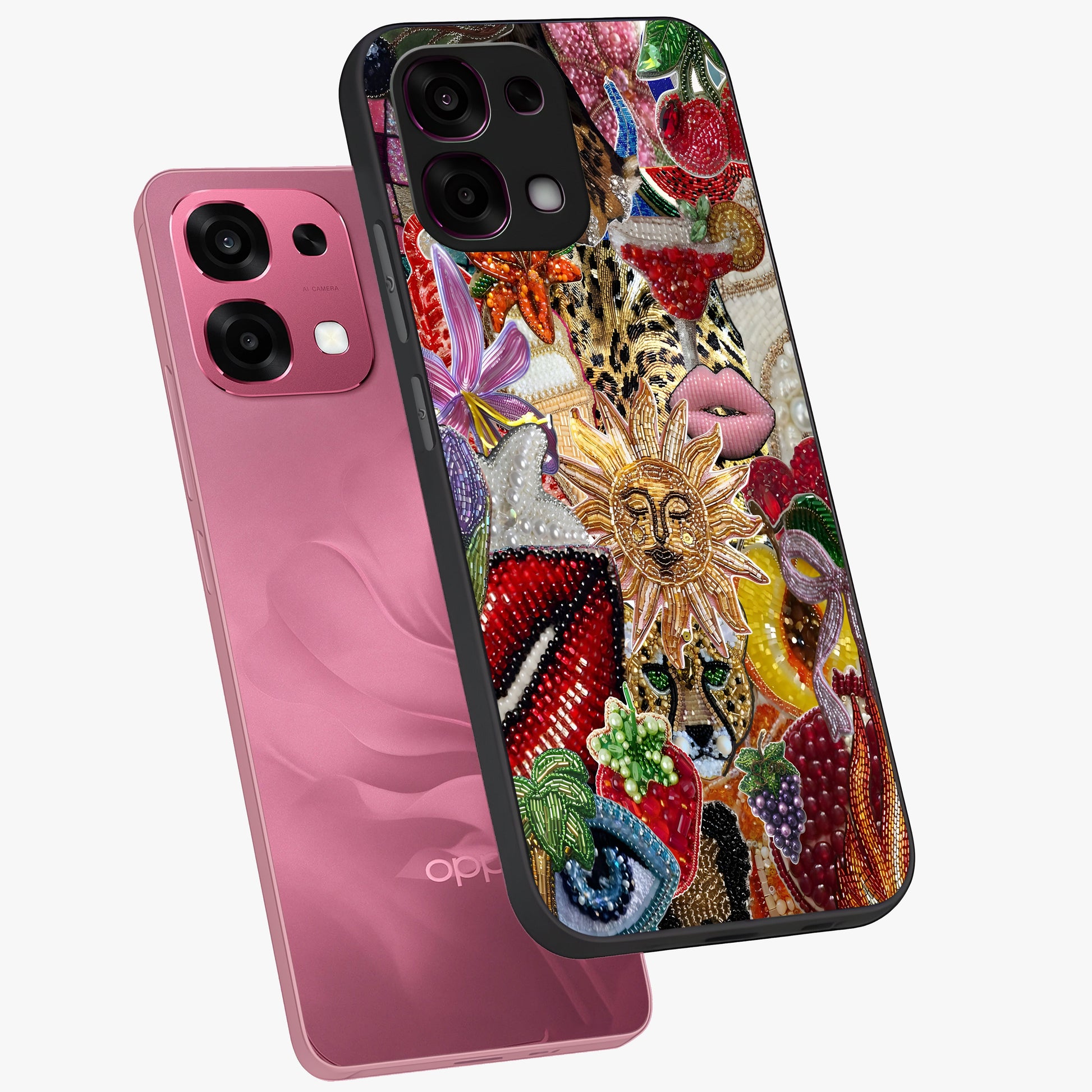 Beaded Fashion Jungle Glass Case displayed in angled mockup highlighting colorful fashion bead design and artistic pattern.