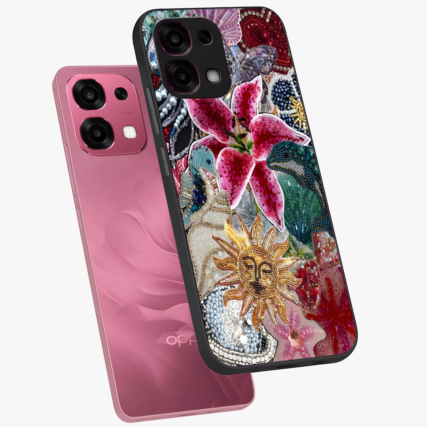 Beaded Garden Fantasy Glass Case displayed in angled mockup highlighting fantasy inspired floral bead pattern.