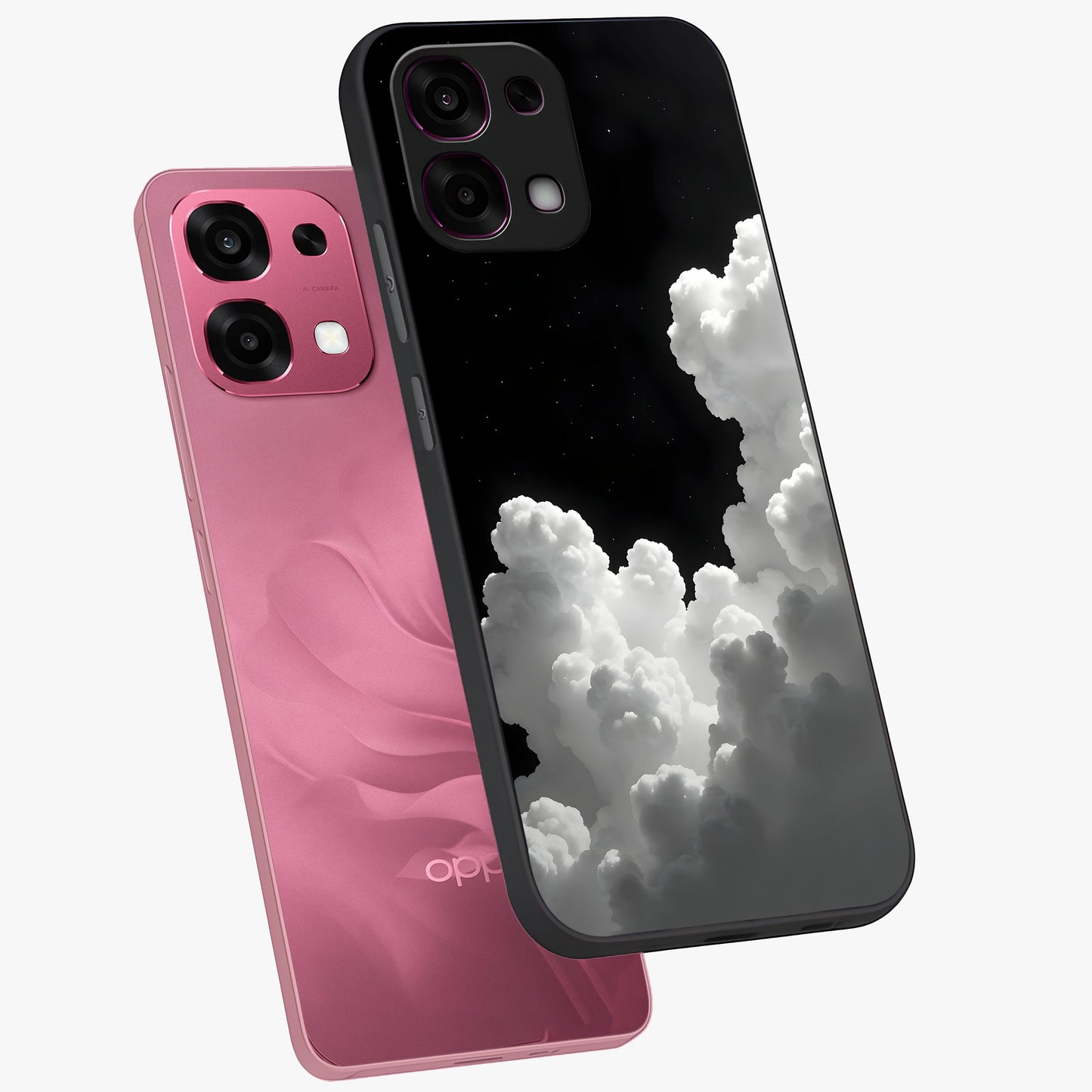 Black Background With White Cloud Glass Case displayed in angled mockup highlighting soft white cloud illustration and minimal design.